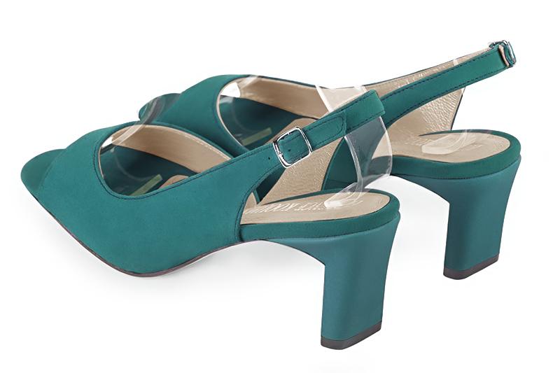 Peacock blue women's slingback sandals. Square toe. Medium comma heels. Rear view - Florence KOOIJMAN